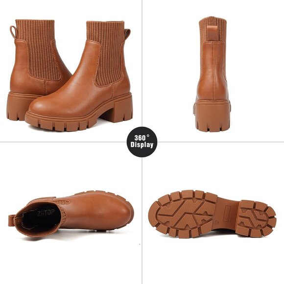 BKWHDAY Women's Brown Chelsea Platform Ankle Boots Fashion Chunky Heel - Picture 2 of 7